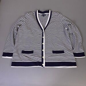 Lands' End Cardigan Women's Plus 2X Navy Blue White Striped Supima Cotton V-Neck